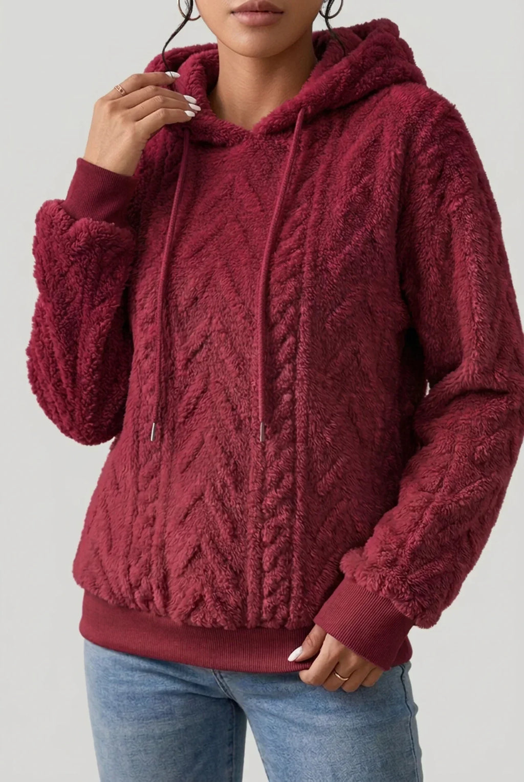 Women's textured hooded hoodie with drawstrings and ribbed cuffs