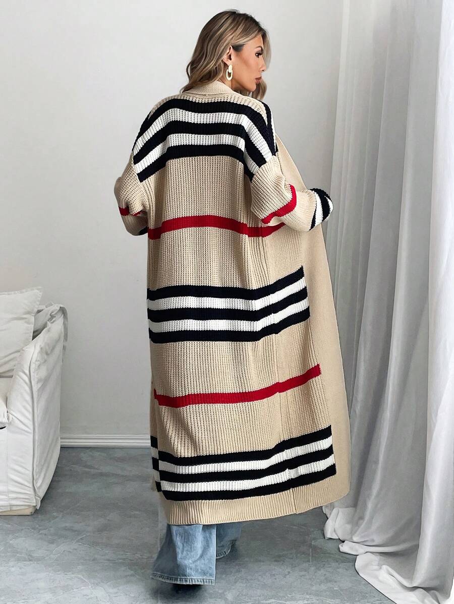 Women's Striped Colour Block Open Front Maxi Cardigan