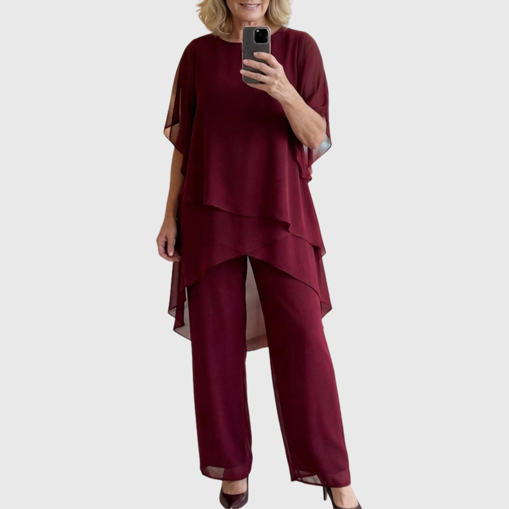 Tiered Chiffon Cape Sleeve Top &amp; Trouser Set