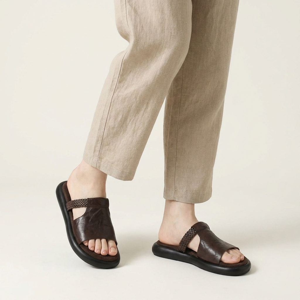Women's Woven Strap Leather Slide Sandals