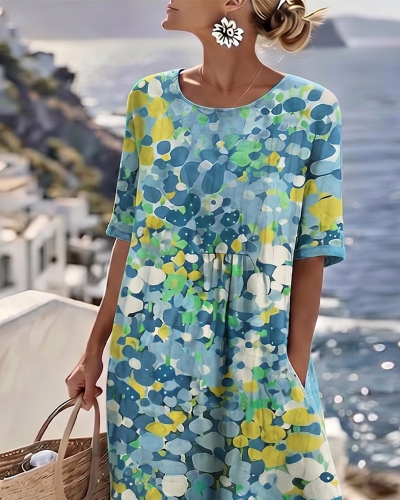 Abstract Floral Print Short Sleeve Midi Dress