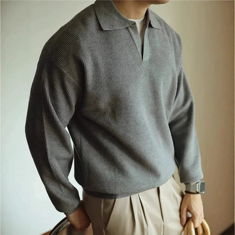 Men's Waffle Knit Open Collar Long Sleeve Polo