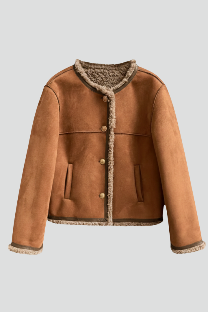 Veste-chemise pour femme en daim avec boutons et bordure en fausse peau lainée