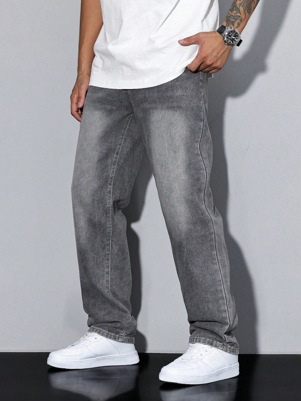Relaxed Fit Straight Leg Jeans with Faded Wash