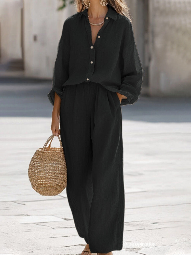 Ensemble chemise à manches longues boutonnée sur le devant et pantalon à jambes larges