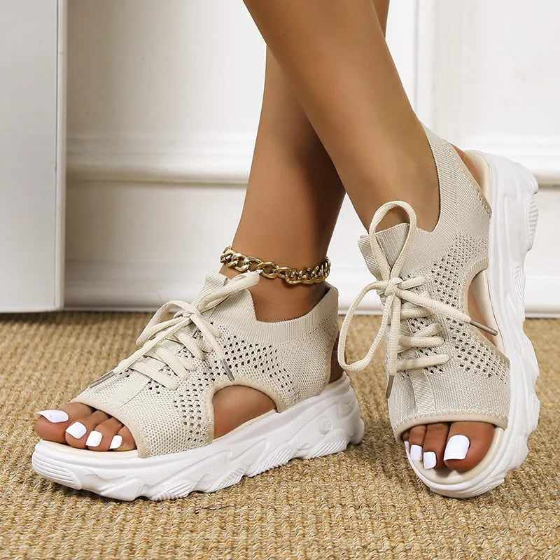 Knit Lace-Up Open Toe Platform Trainer Sandals