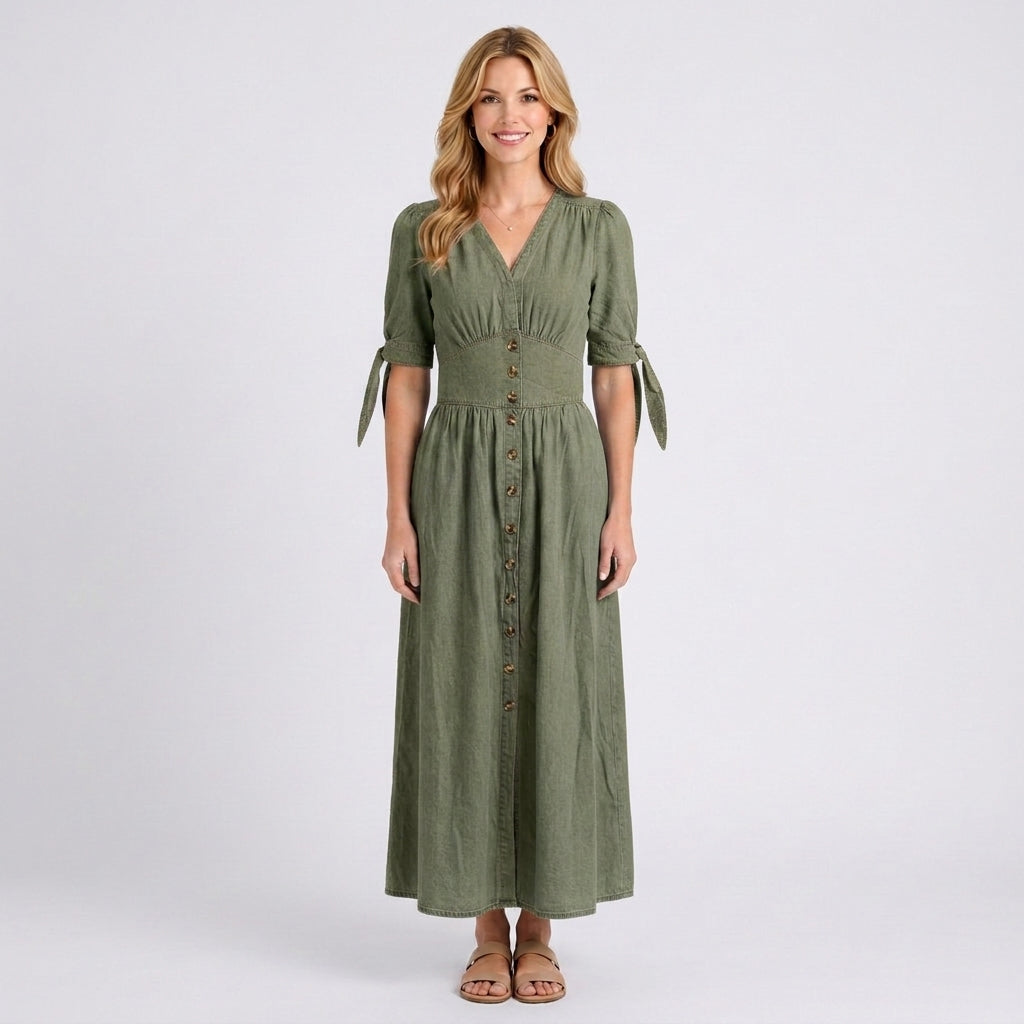 Maxi Dress – Button Front Tie Sleeve Casual Style
