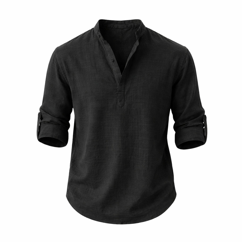 Chemise Henley en lin à manches longues avec col officier