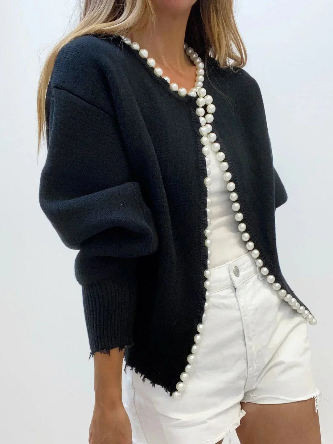 Gilet en maille ouvert sur le devant pour femme, orné de perles