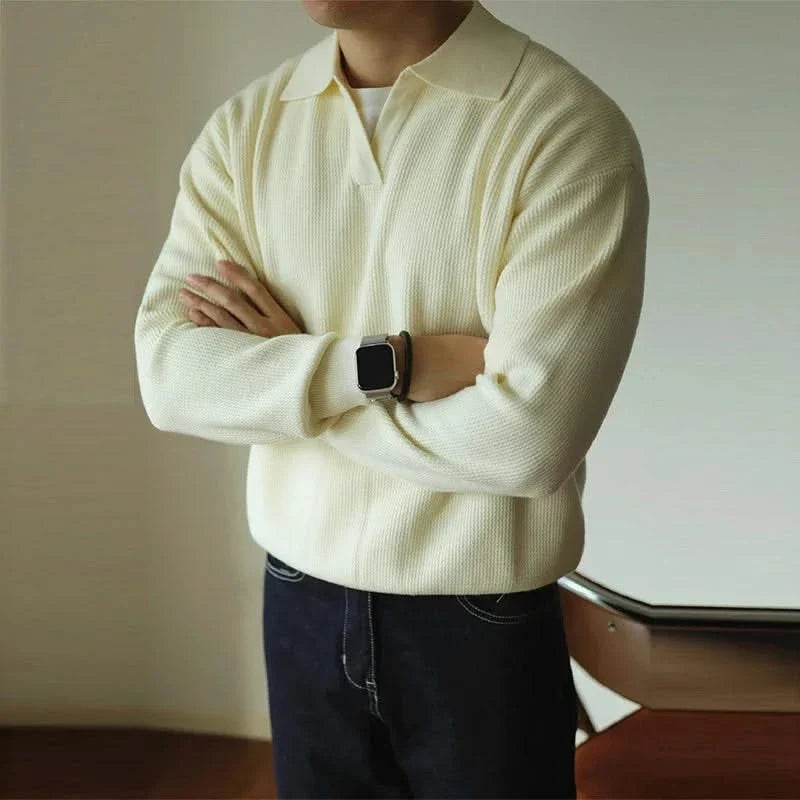 Men's Waffle Knit Open Collar Long Sleeve Polo