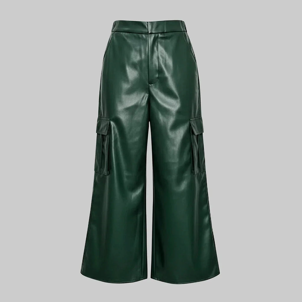 Women's Leather Wide Leg Cargo Trousers