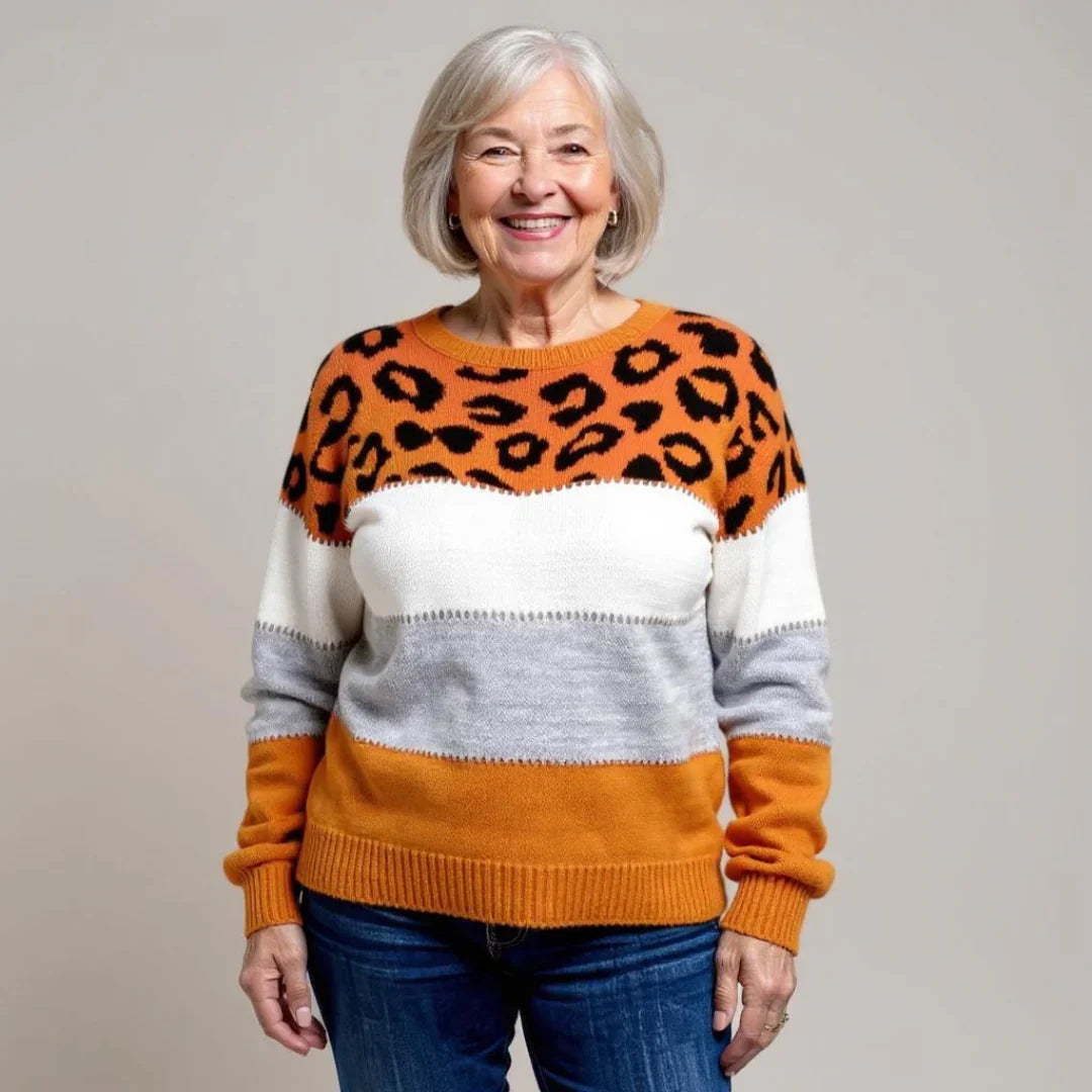Women's Leopard Print Colour Block Round Neck Sweater