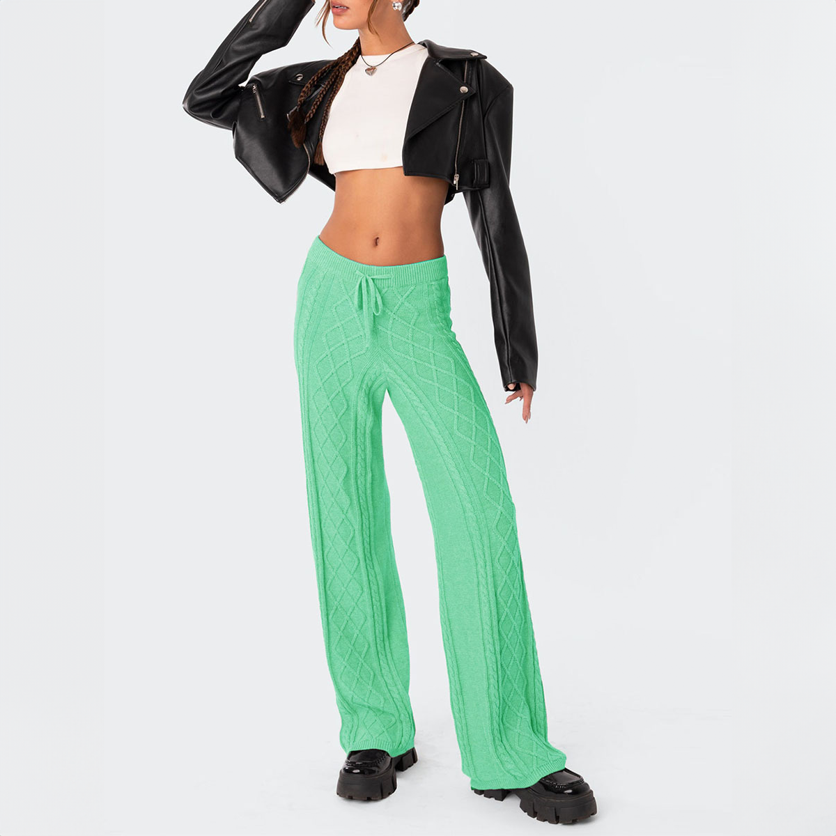 Cable Knit Wide Leg Trousers with Drawstring Waist