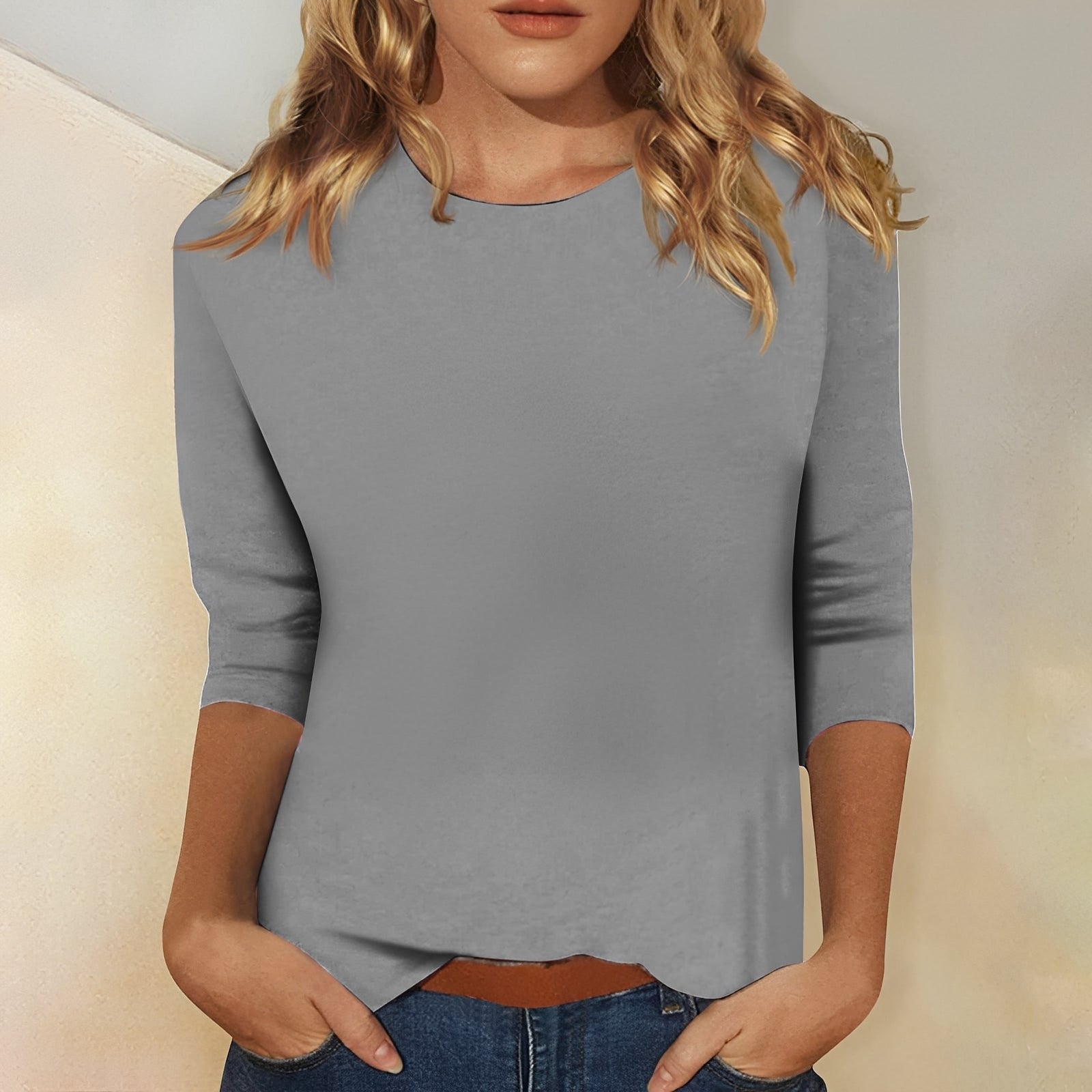Round Neck Three-Quarter Sleeve Basic Top