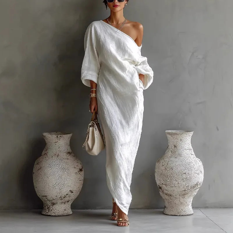 Asymmetric One-Shoulder Linen Blend Maxi Dress