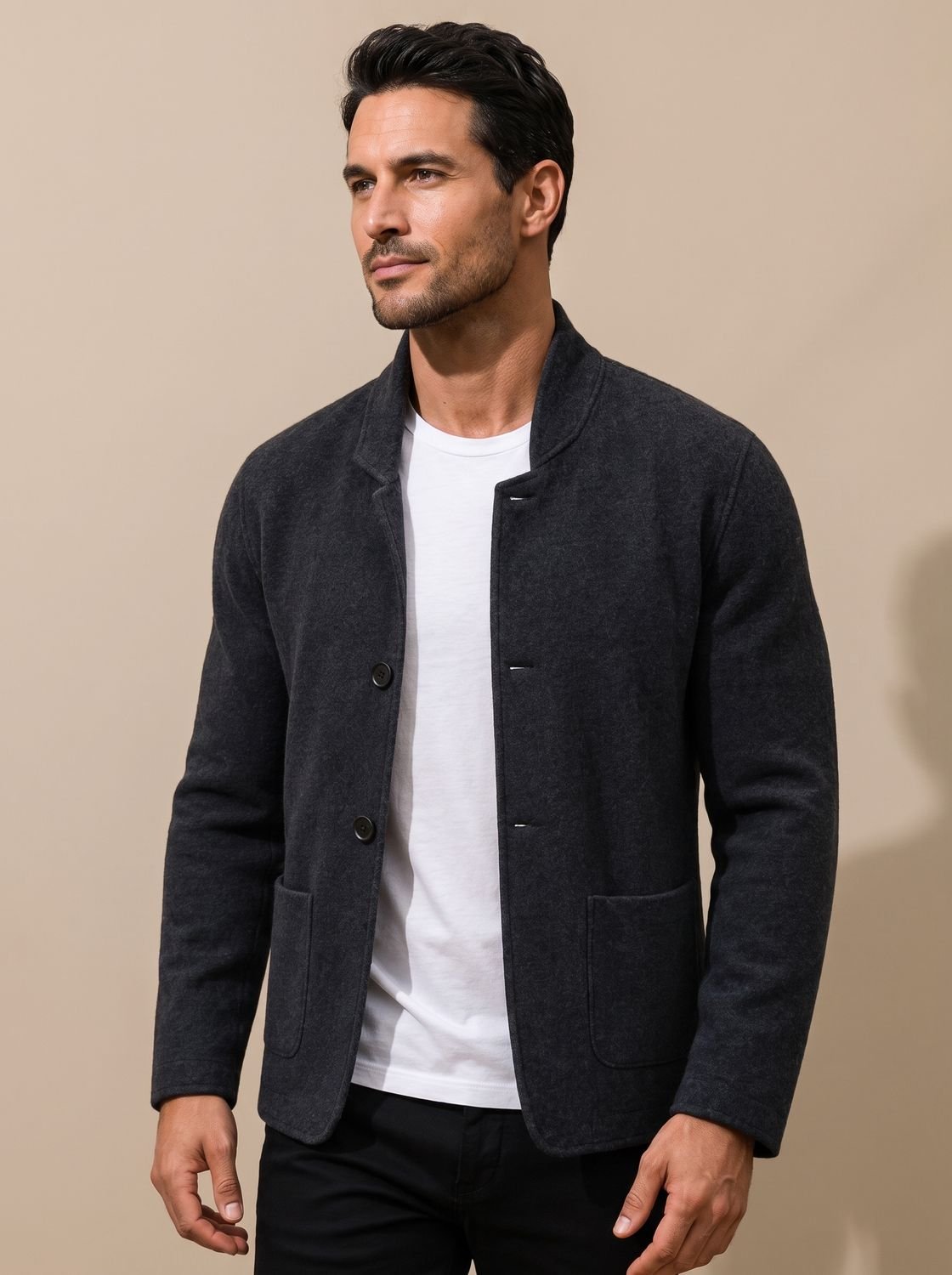 Men's textured knit blazer jacket with notch lapel, buttons and patch pockets