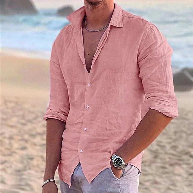 Long Sleeve Linen Shirt with Point Collar