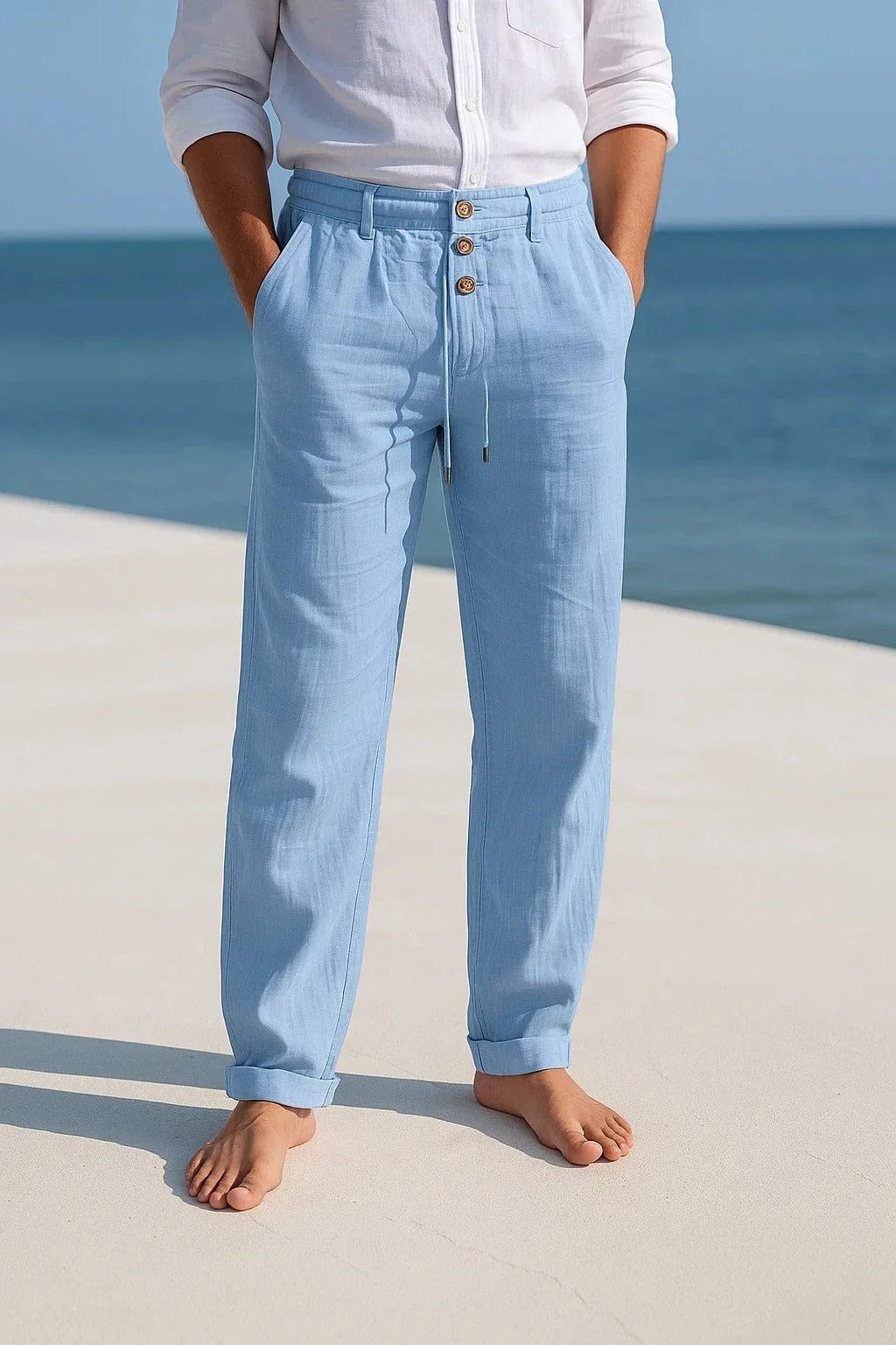Pantalon droit en lin avec taille à cordon et boutons