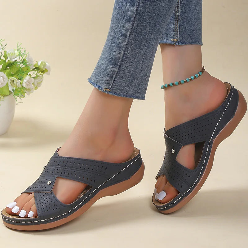 Cross-Strap Wedge Slide Sandals with Perforated Detail