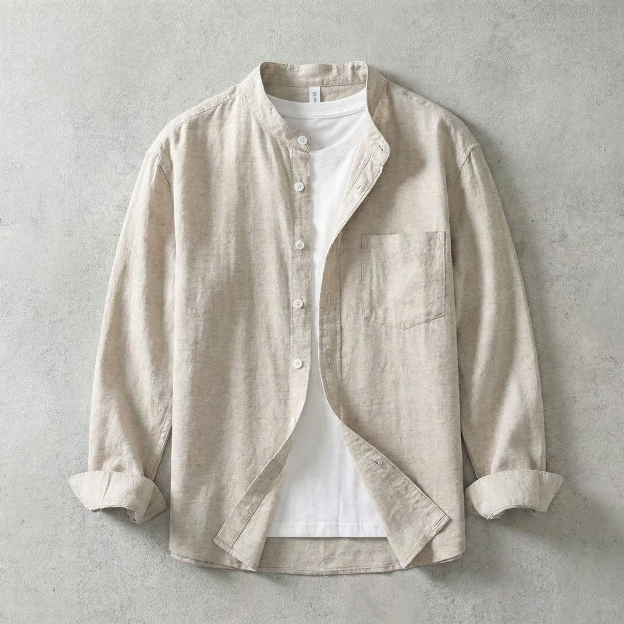 Long Sleeve Linen Shirt with Band Collar and Pocket