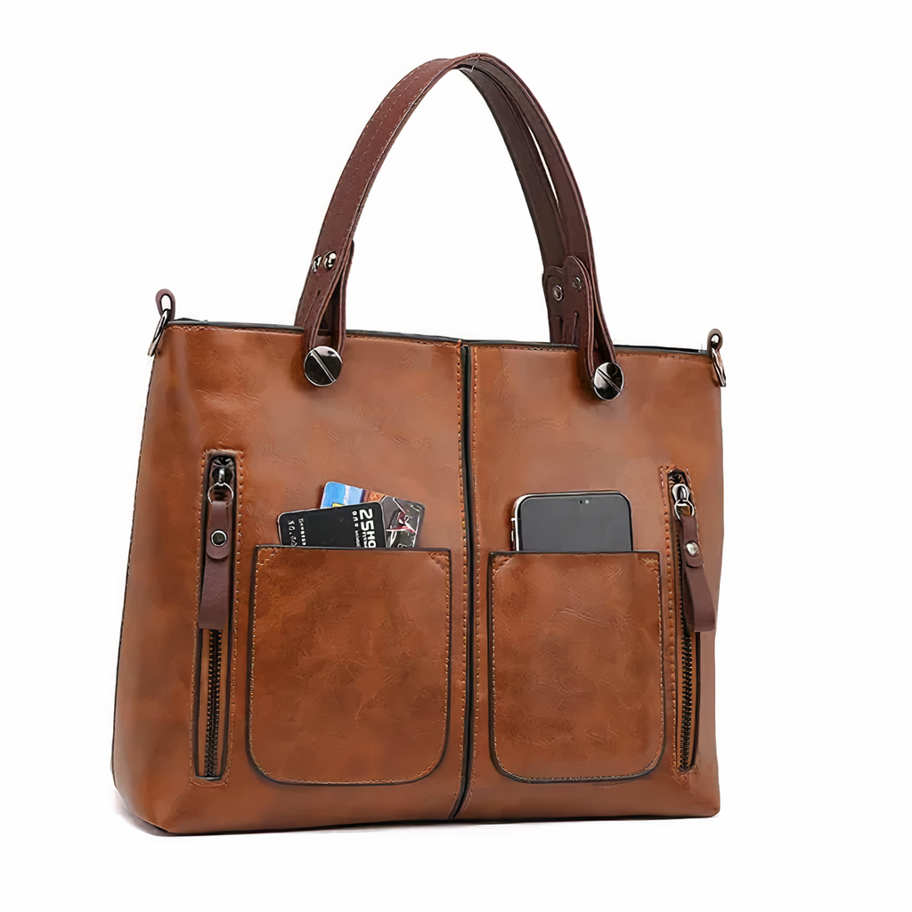Multi-Pocket Structured Tote Bag with Front Pouches