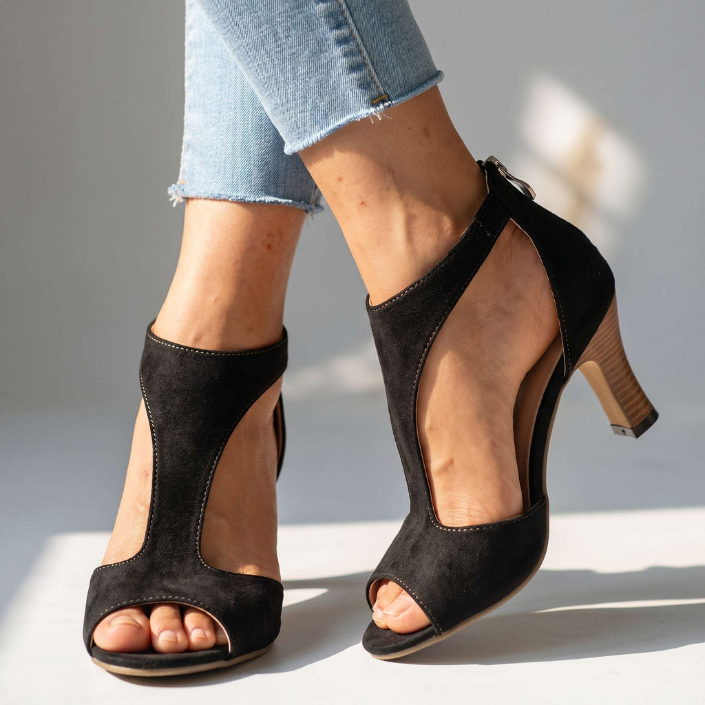 Abstract Print T-Strap Peep Toe Heeled Sandals