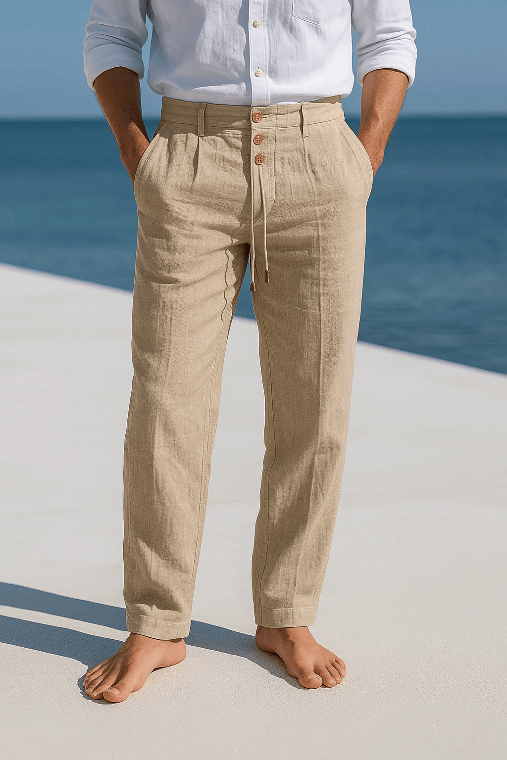 Pantalon droit en lin avec taille à cordon et boutons