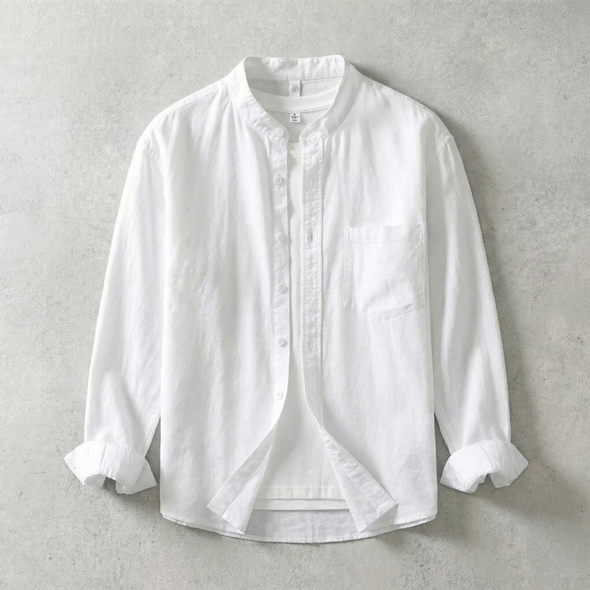 Long Sleeve Linen Shirt with Band Collar and Pocket