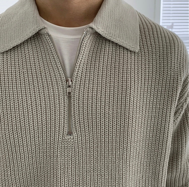 Men's ribbed polo sweater with fold-over collar and quarter-zip front