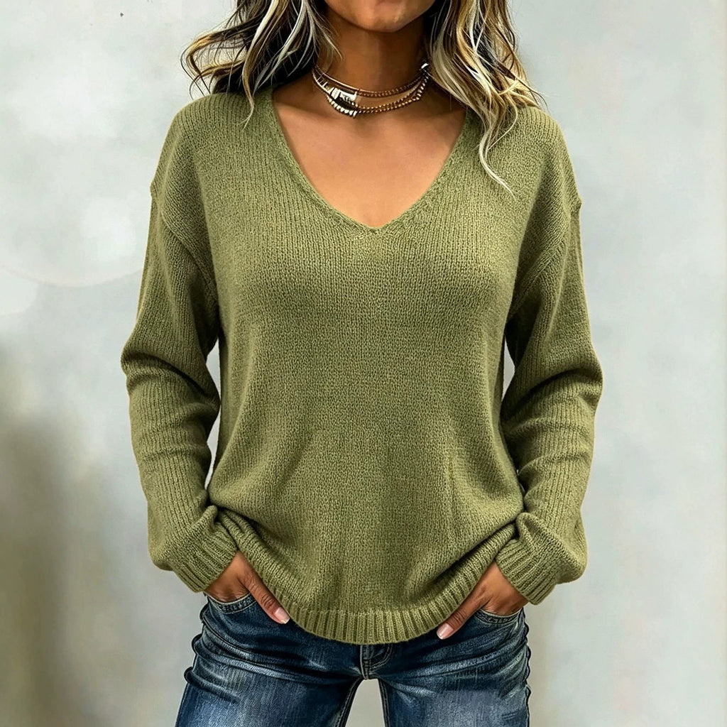 Women's Oversized V-Neck Knit Sweater with Ribbed Trim