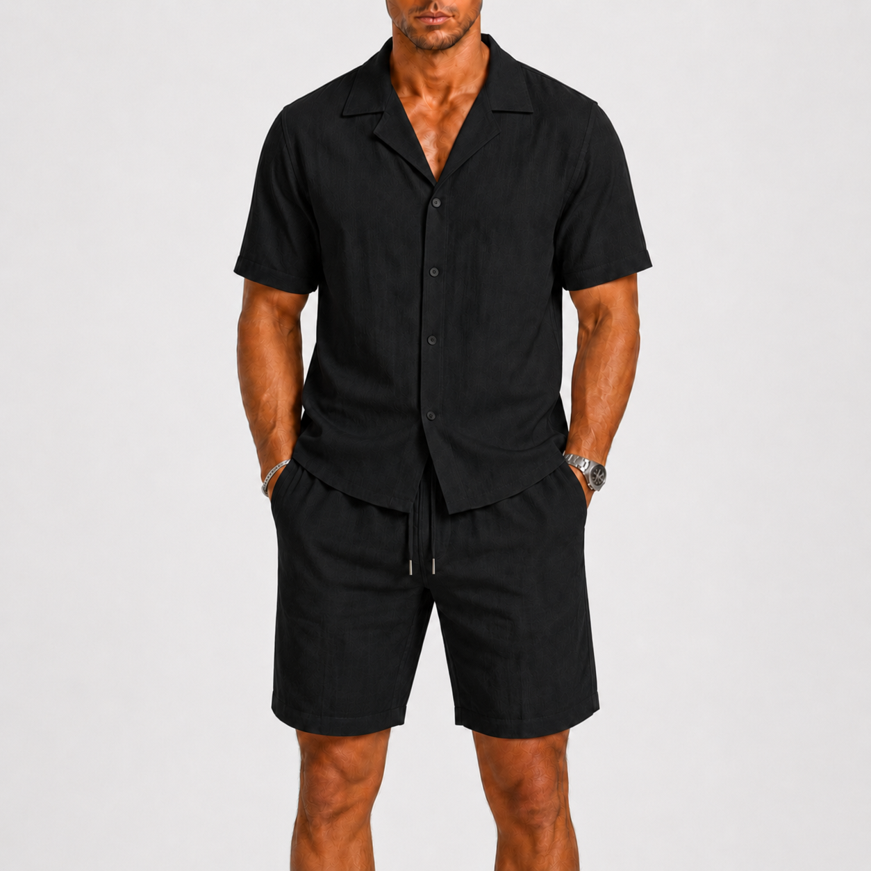 Ensemble deux pièces composé d’une chemise à col cubain texturé et d’un short