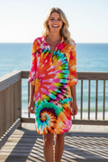 Tie-Dye Print Collared Button-Front Shirt Dress