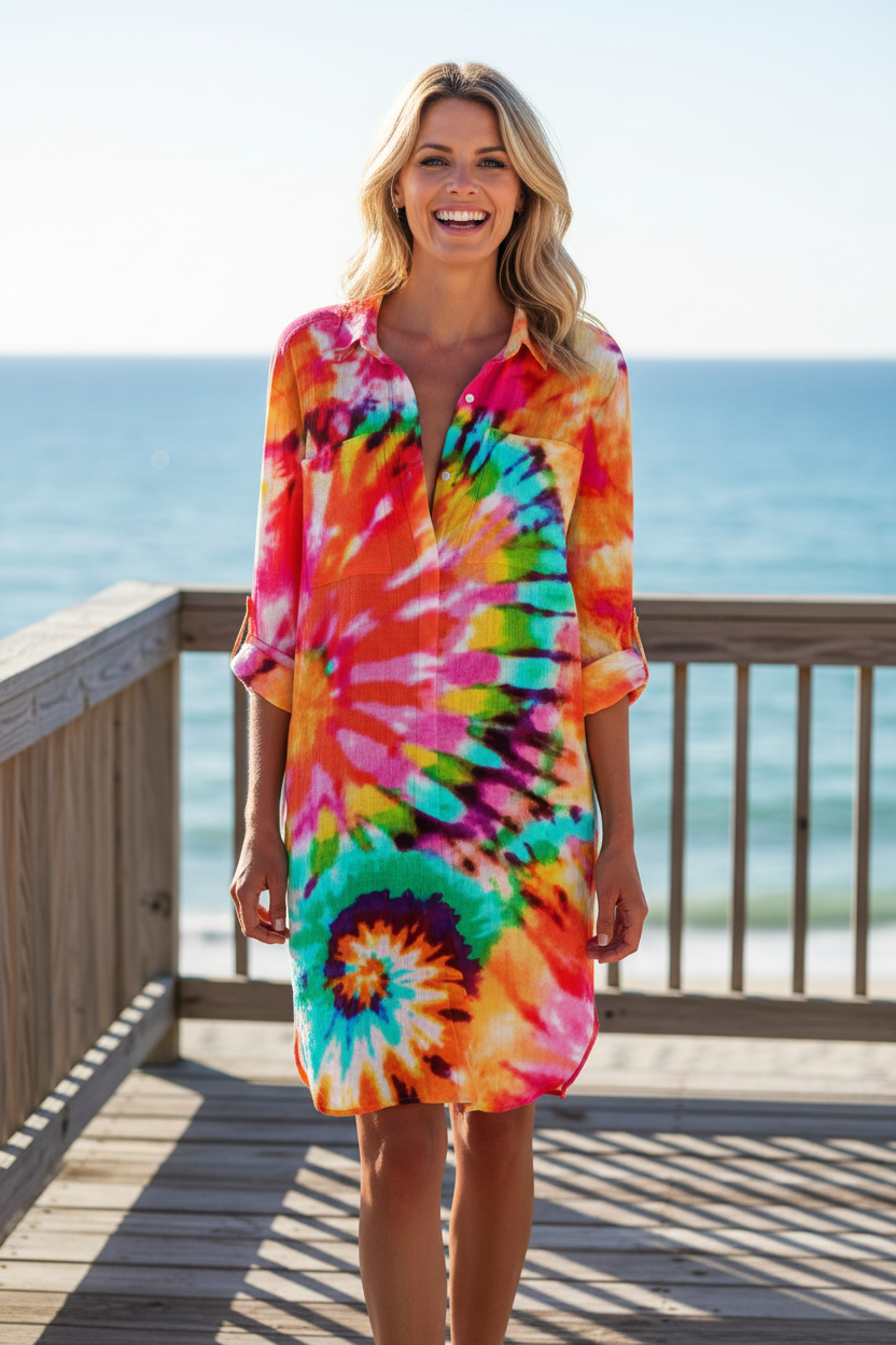 Tie-Dye Print Collared Button-Front Shirt Dress