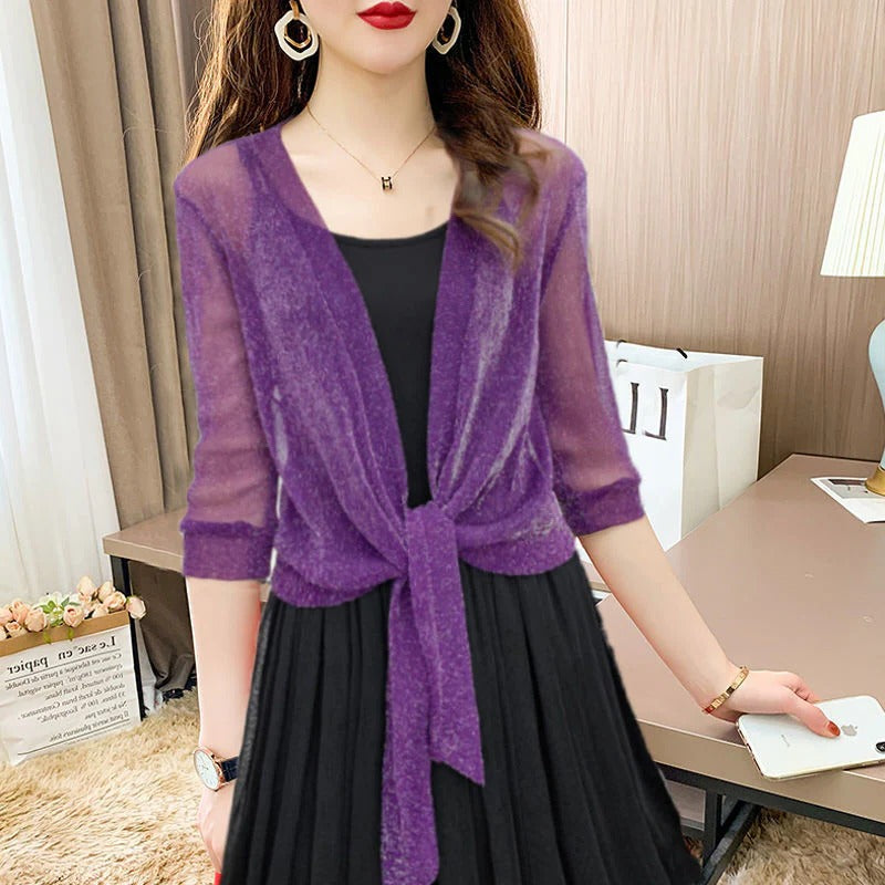 Cardigan court transparent en mousseline, noué sur le devant