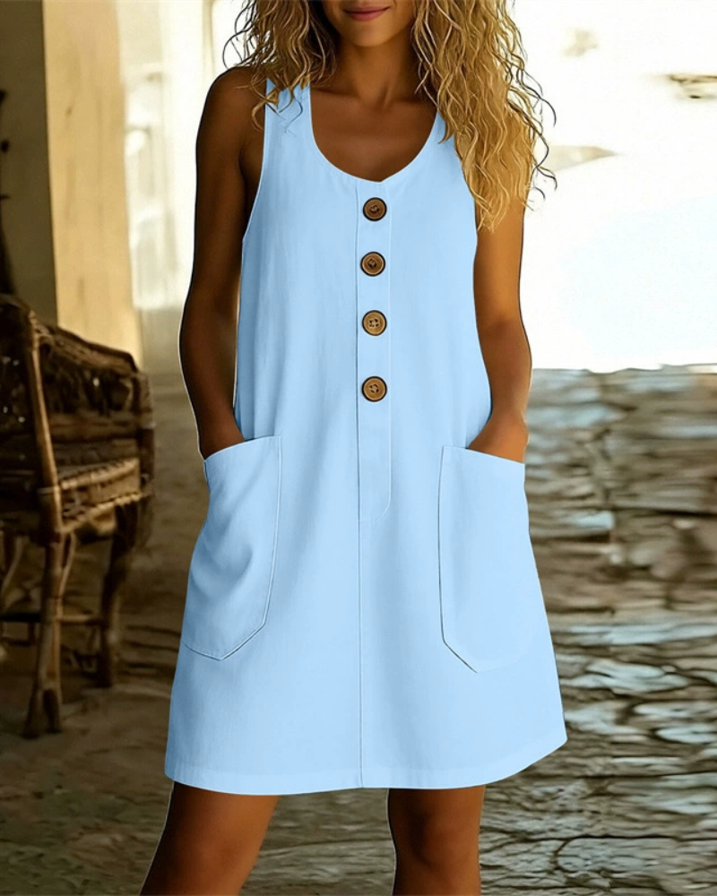 Robe trapèze sans manches boutonnée sur le devant, avec poches