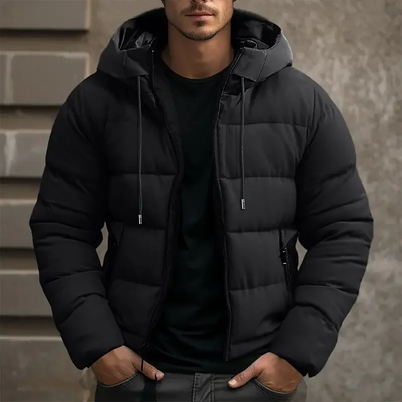 Men's hooded quilted puffer jacket with full-zip front and zipped pockets