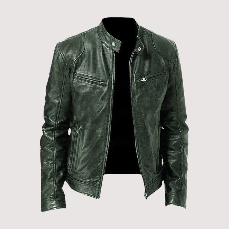 Men's Faux Leather Snap-Collar Racer Jacket