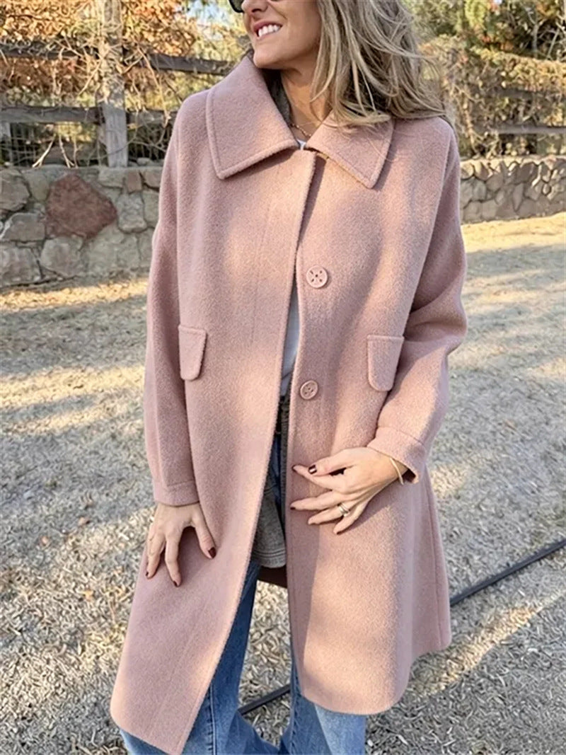 Women's Longline Coat with Flap Pockets and Point Collar