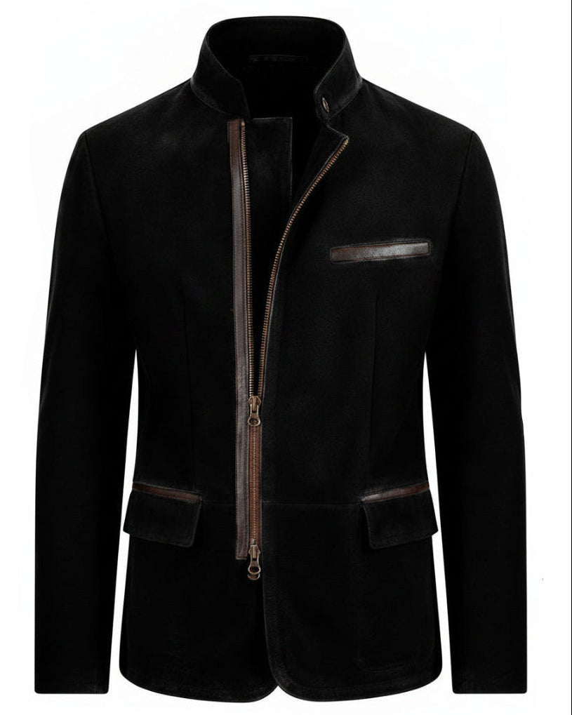 Men's Faux Leather Contrast Trim Blazer Jacket