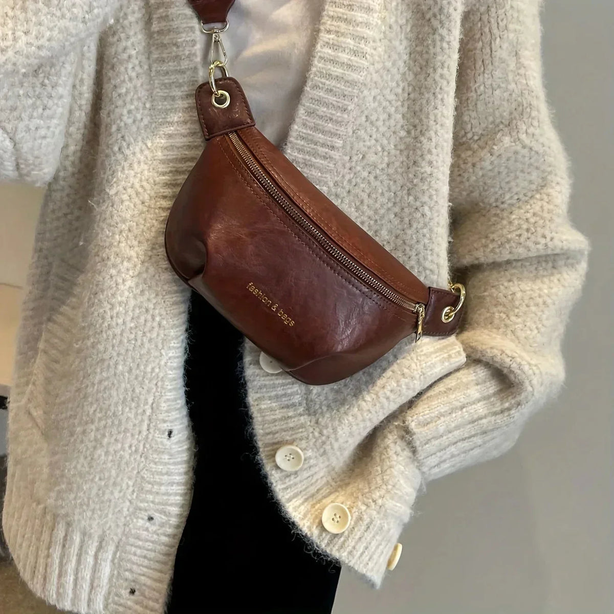 Women's Leather Crossbody Belt Bag with Embroidered Strap
