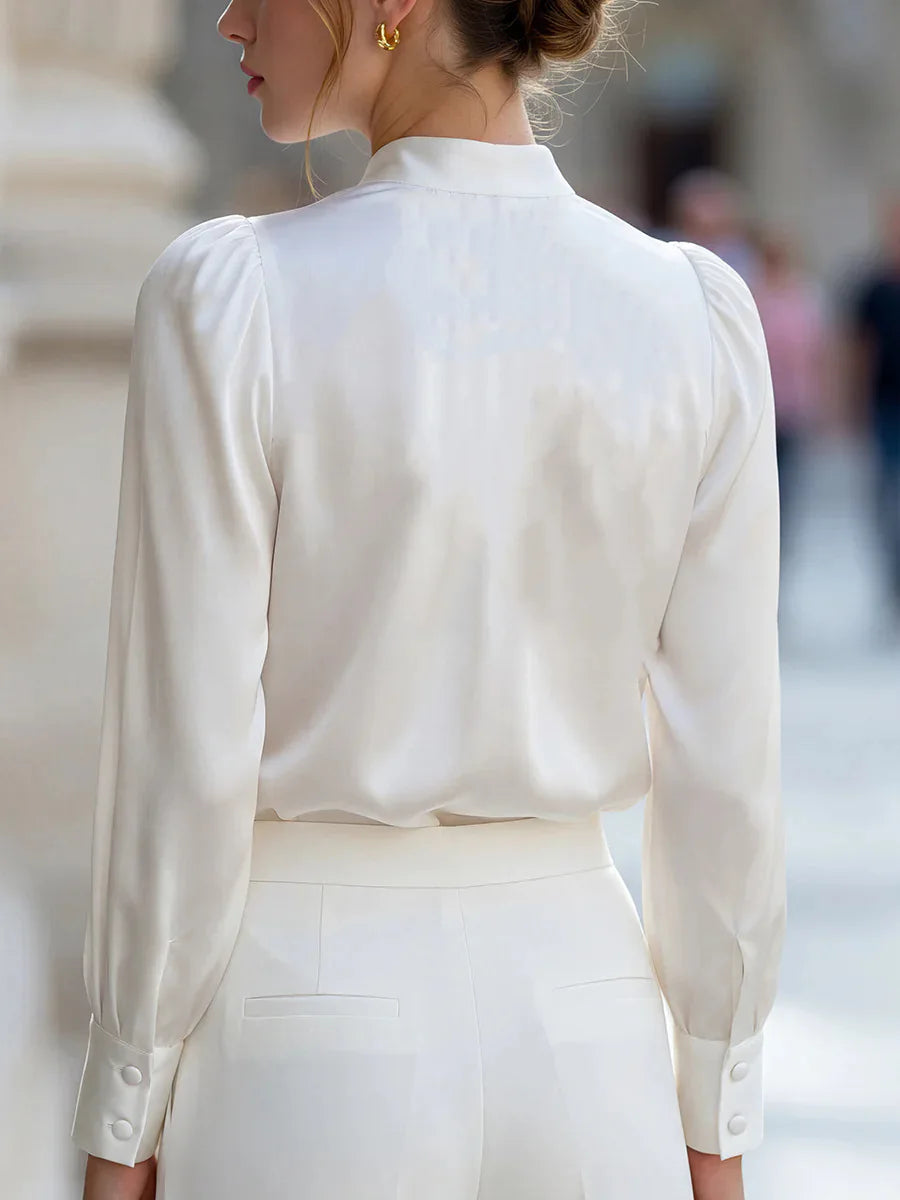 Women's Satin V-Neck Gathered Shoulder Blouse