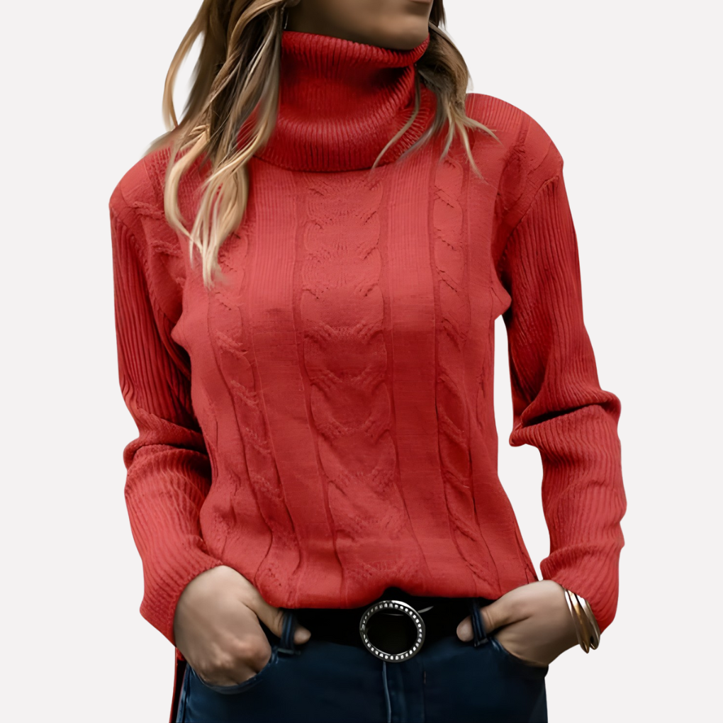 Women's slim fit cable knit turtleneck jumper with long sleeves