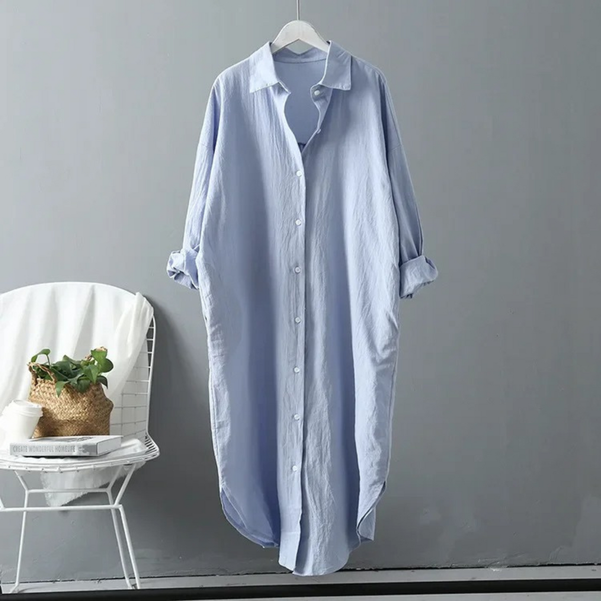 Women's Oversized Linen Button-Up Long Sleeve Shirt Dress