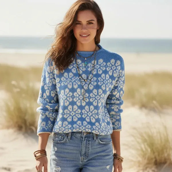 Women's Boho Floral Jacquard Cropped Knit Jumper