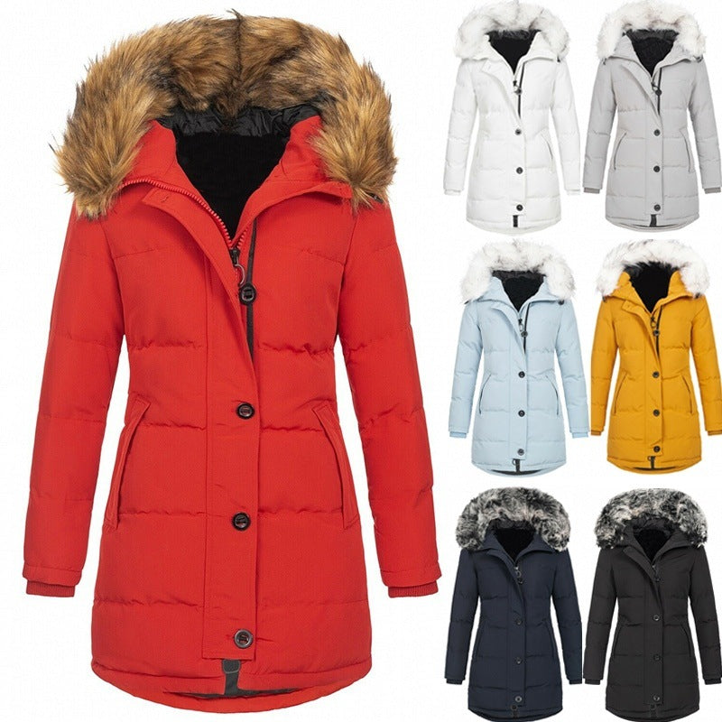Manteau matelassé long pour femme avec capuche en fausse fourrure