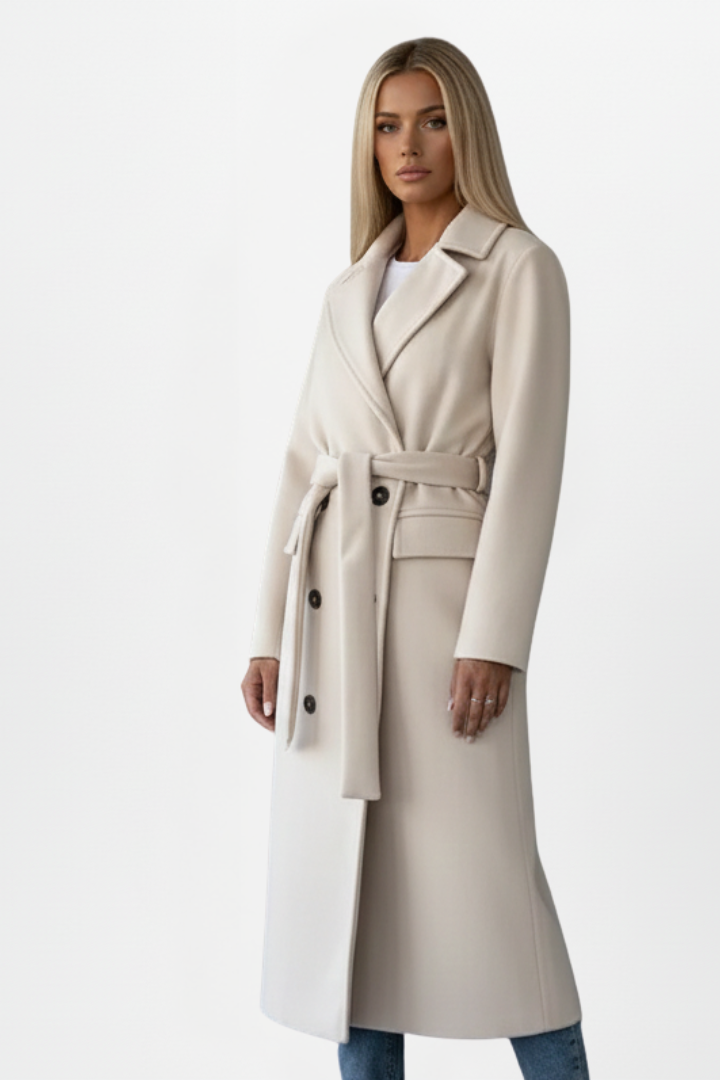 Long trench-coat pour femme, croisé à double boutonnage et ceinturé