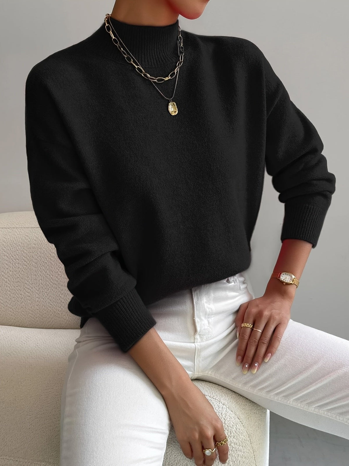 Women's Mock Turtleneck Relaxed Fit Long Sleeve Sweater