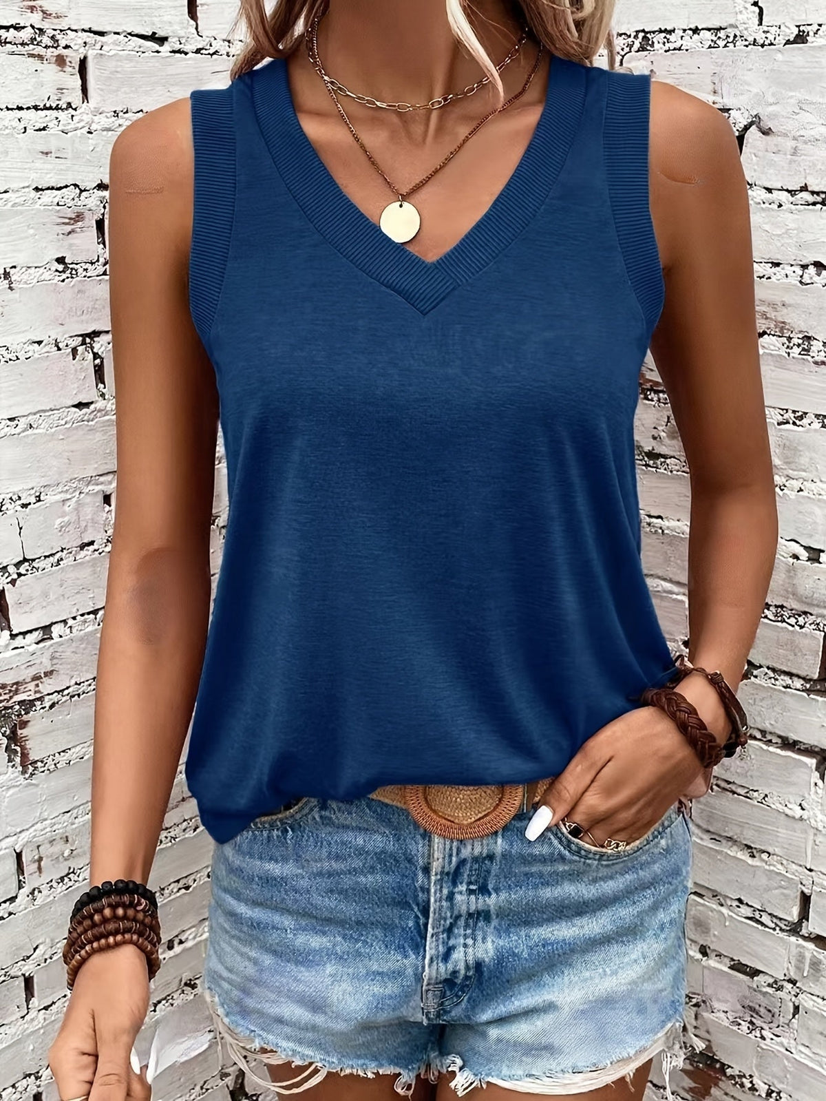 Ribbed Trim V-Neck Sleeveless Jersey Tank