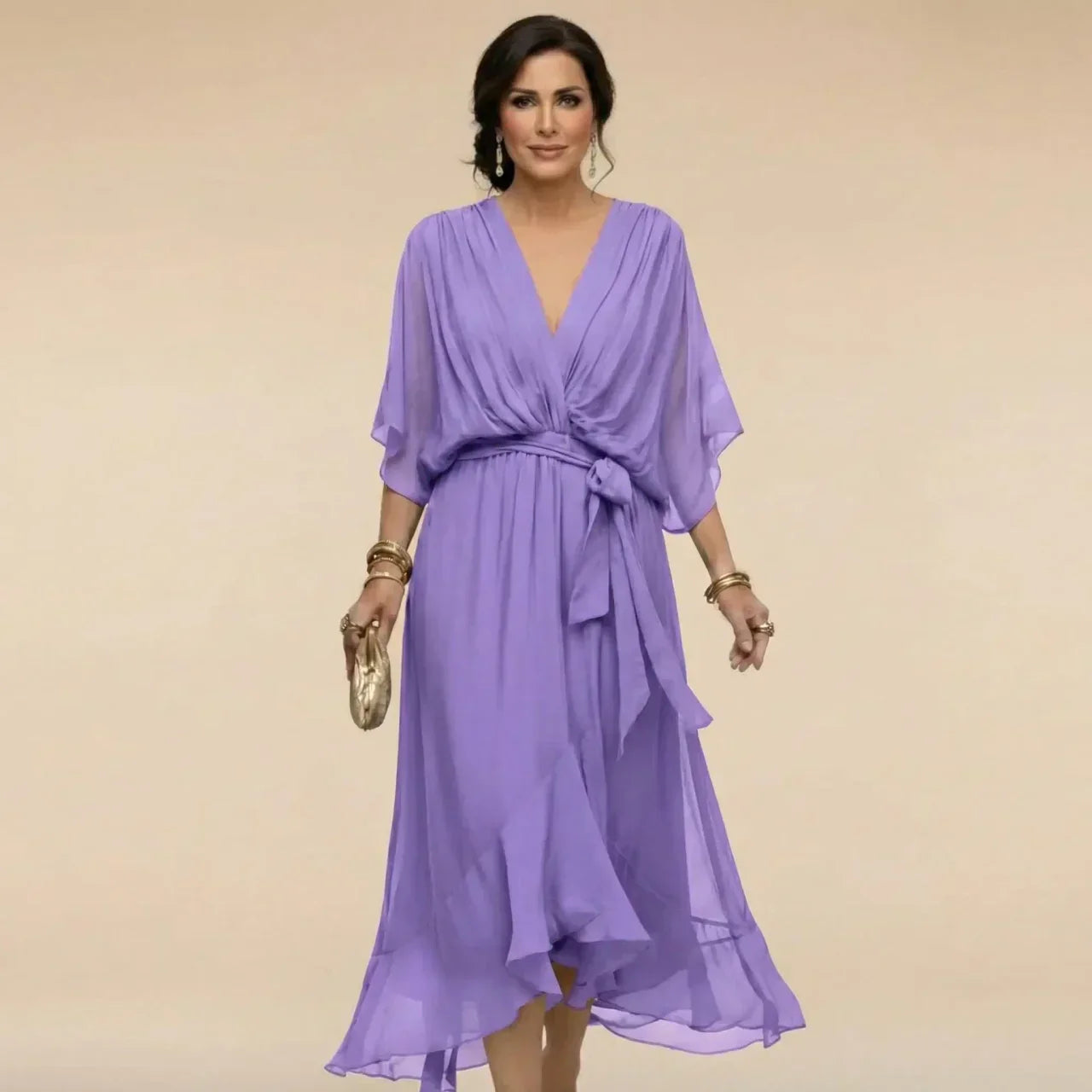 Robe midi portefeuille en mousseline à manches kimono