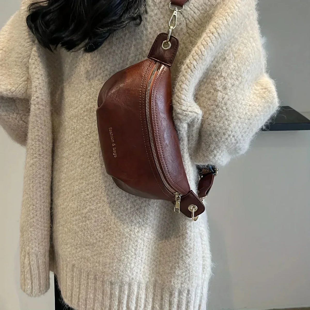 Women's Leather Crossbody Belt Bag with Embroidered Strap